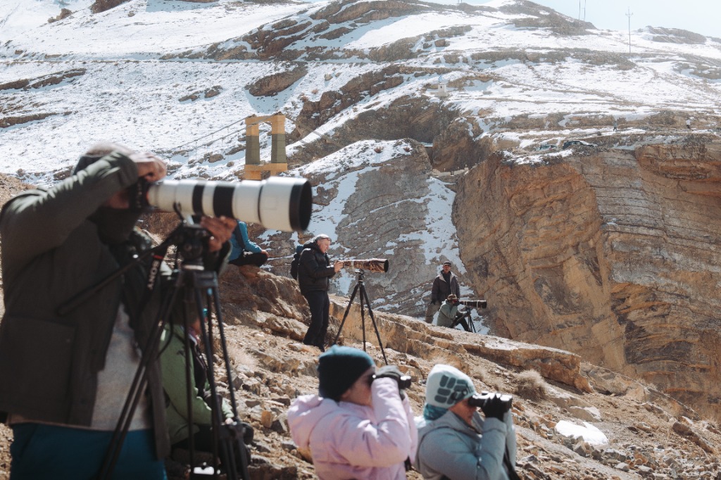 A small group of wildlife photographers tracking snow leopards in the Himalayas