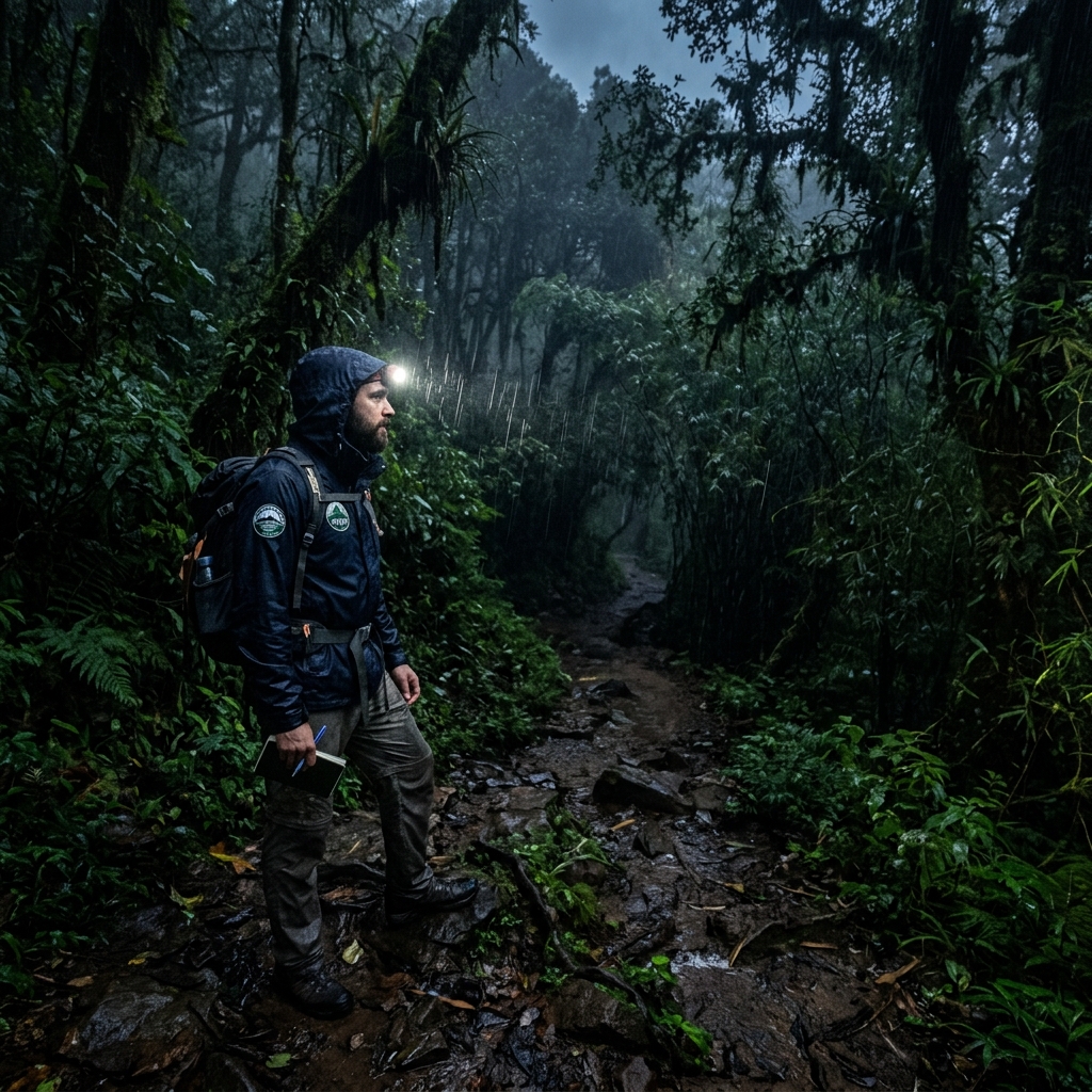 Naturalist leading a monsoon night walk through the Amboli rainforest