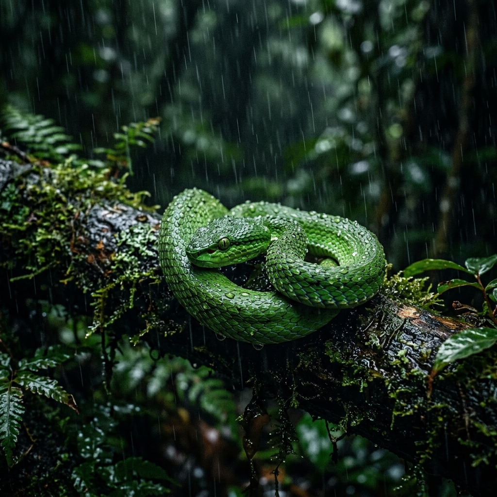 Malabar pit viper coiled on a wet, moss-covered branch in Amboli during the monsoon